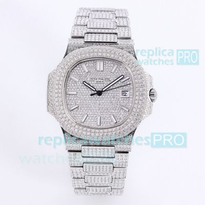 Citizen Iced Out Patek Philippe Replica Nautilus Watch Silver Full Diamond